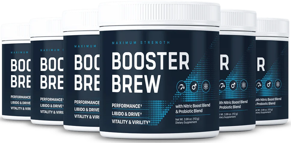 Seis botes de Booster Brew en fila