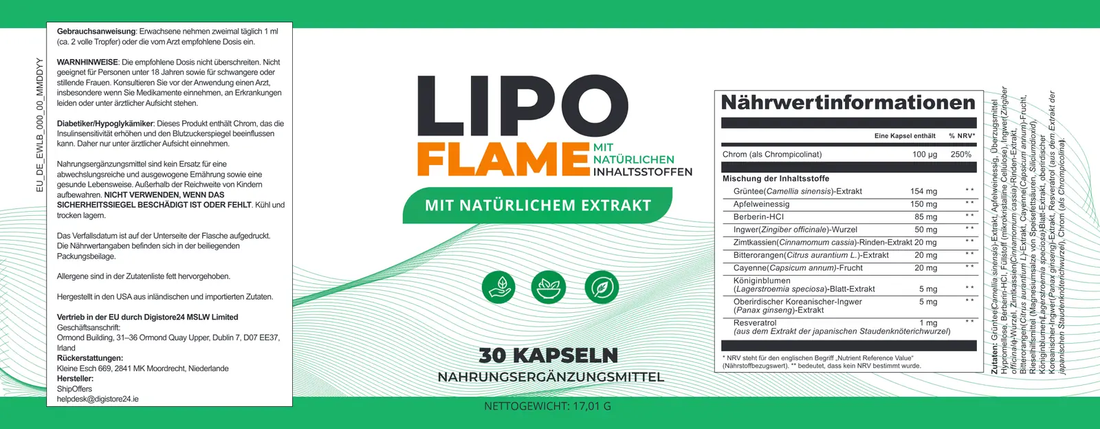 Etiqueta del complemento alimenticio LipoFlame