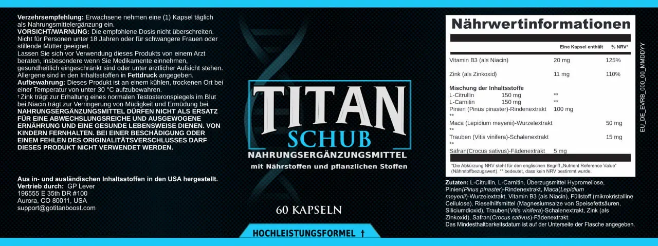 Etiqueta del complemento alimenticio Titan Schub